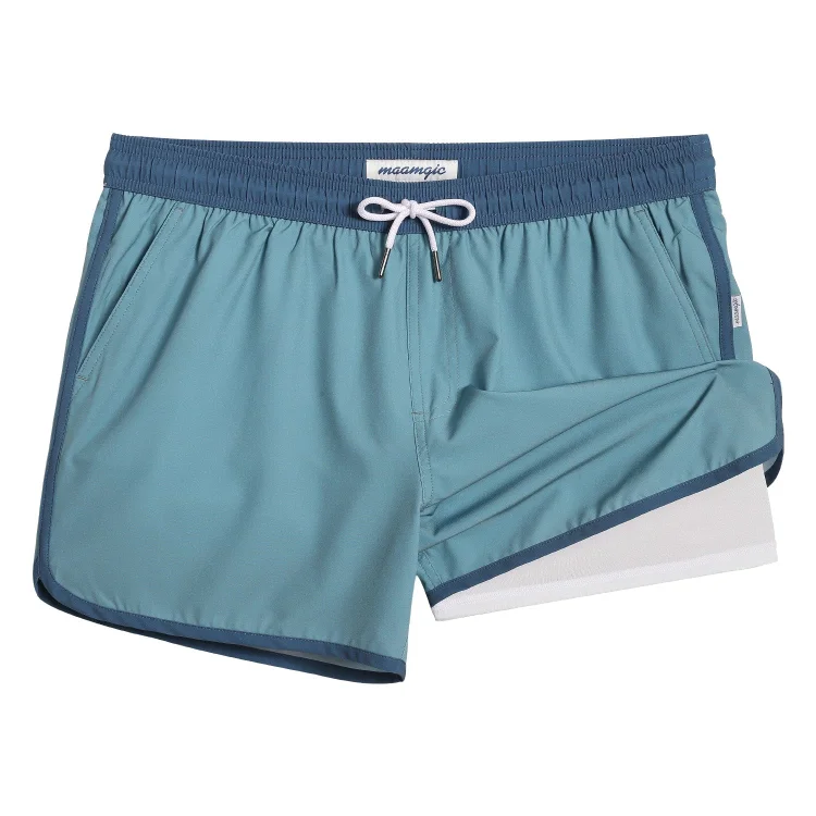 4.5 Inseam 2 in 1 Stretch Short Liner Blue White Swim Shorts