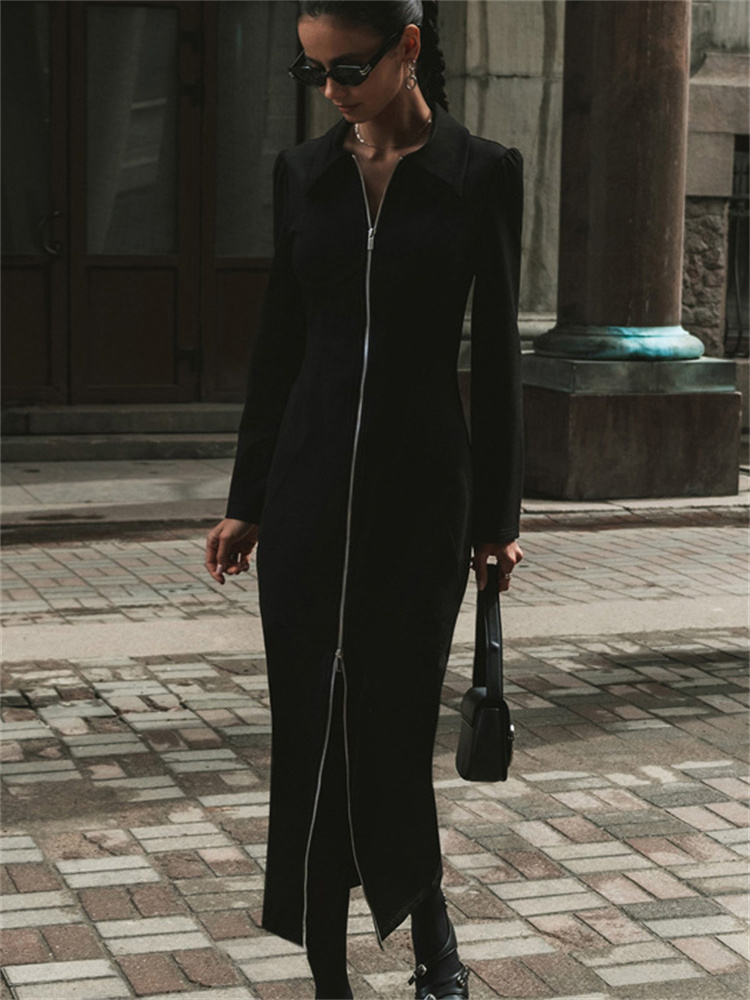 Ootddress Black Zipper Lapel Maxi Dress For Women Cardigan Fashion Patchwork Vintage Slim High Waist Elegant Streetwear Women Dress