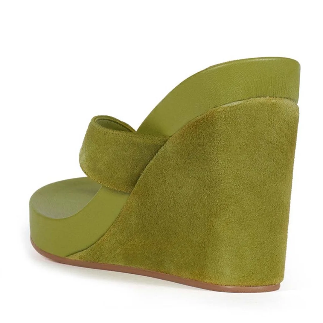 Olive Vegan Suede Open Toe Platform Flip Flops Wedge Sandals