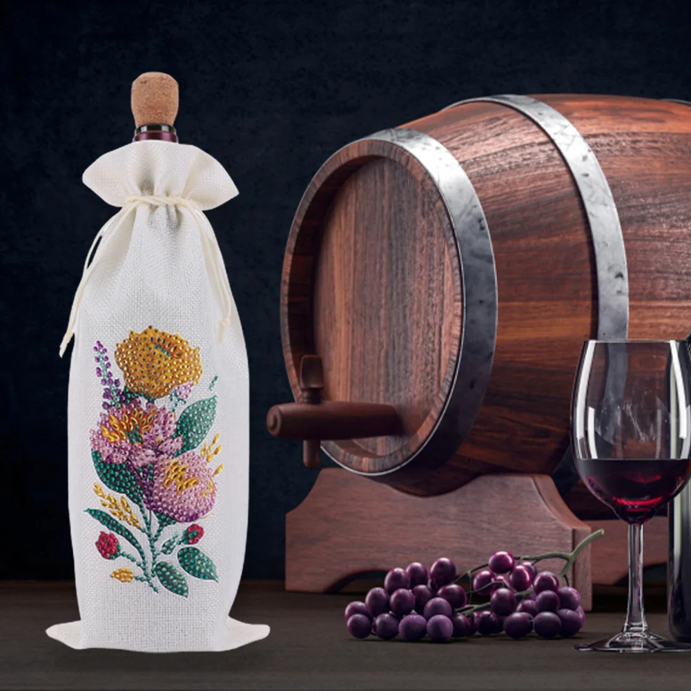 DIY Flower Diamond Painting Burlap Wine Gift Bags Label Liquor Bottle Covers