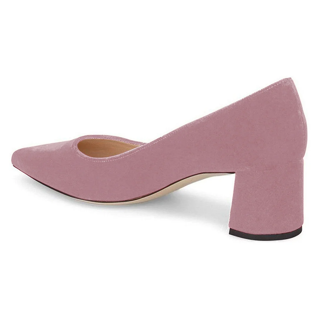 Pink Velvet Pointed Toe Enchanting Pumps with Chunky Heel for Girls