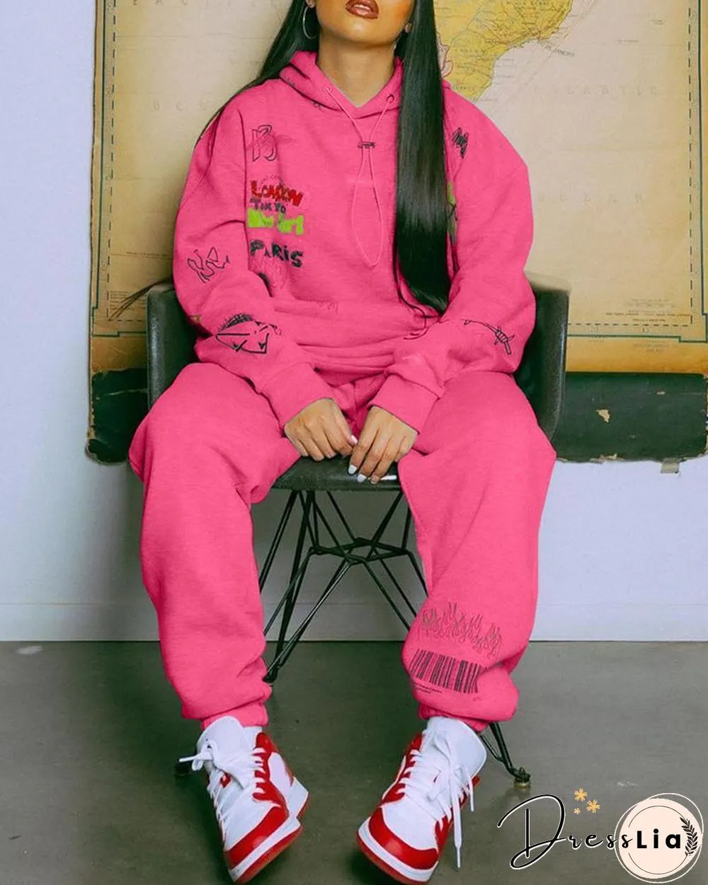 Letter Print Hooded Top & Pants Set P13221