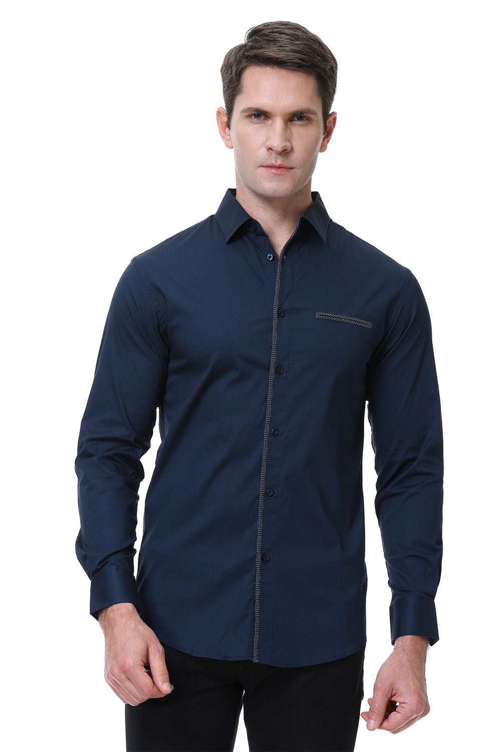 Men's Pocket Long Cotton Stretch Shirt Navy Alex Vando Fashion