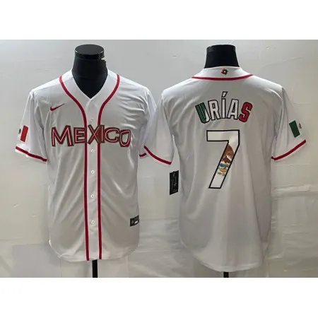 Men's Mexico Baseball #7 Julio Urias 2023 White World Baseball With Patch Classic Stitched Jersey LTLW