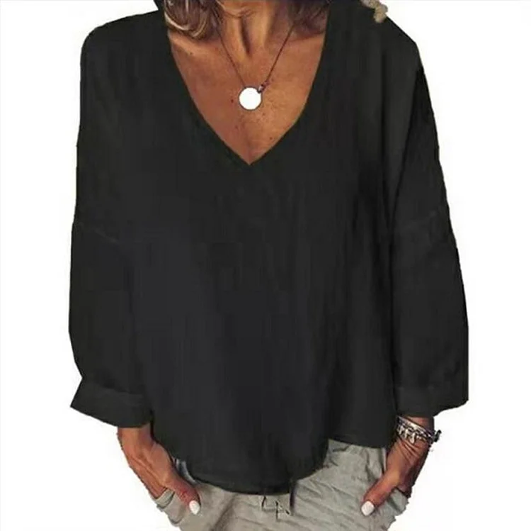 Deep V Neck Long Sleeve Linen T-shirt