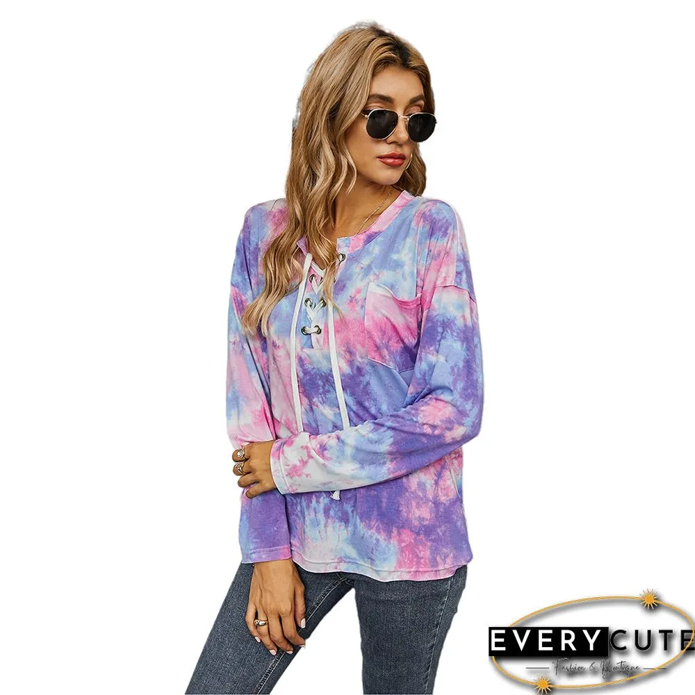 Purple Tie Dye Long Sleeve Top with Rope Drawstring