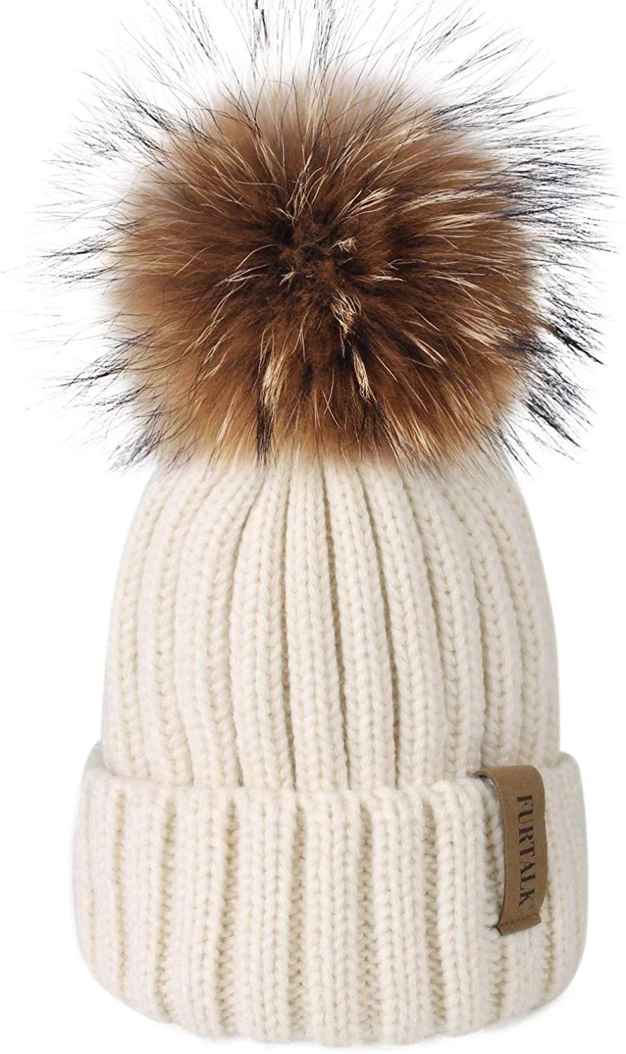 Winter Knit Hat Real Raccoon Fur Pom Pom Womens Girls Warm Knit Beanie Hat