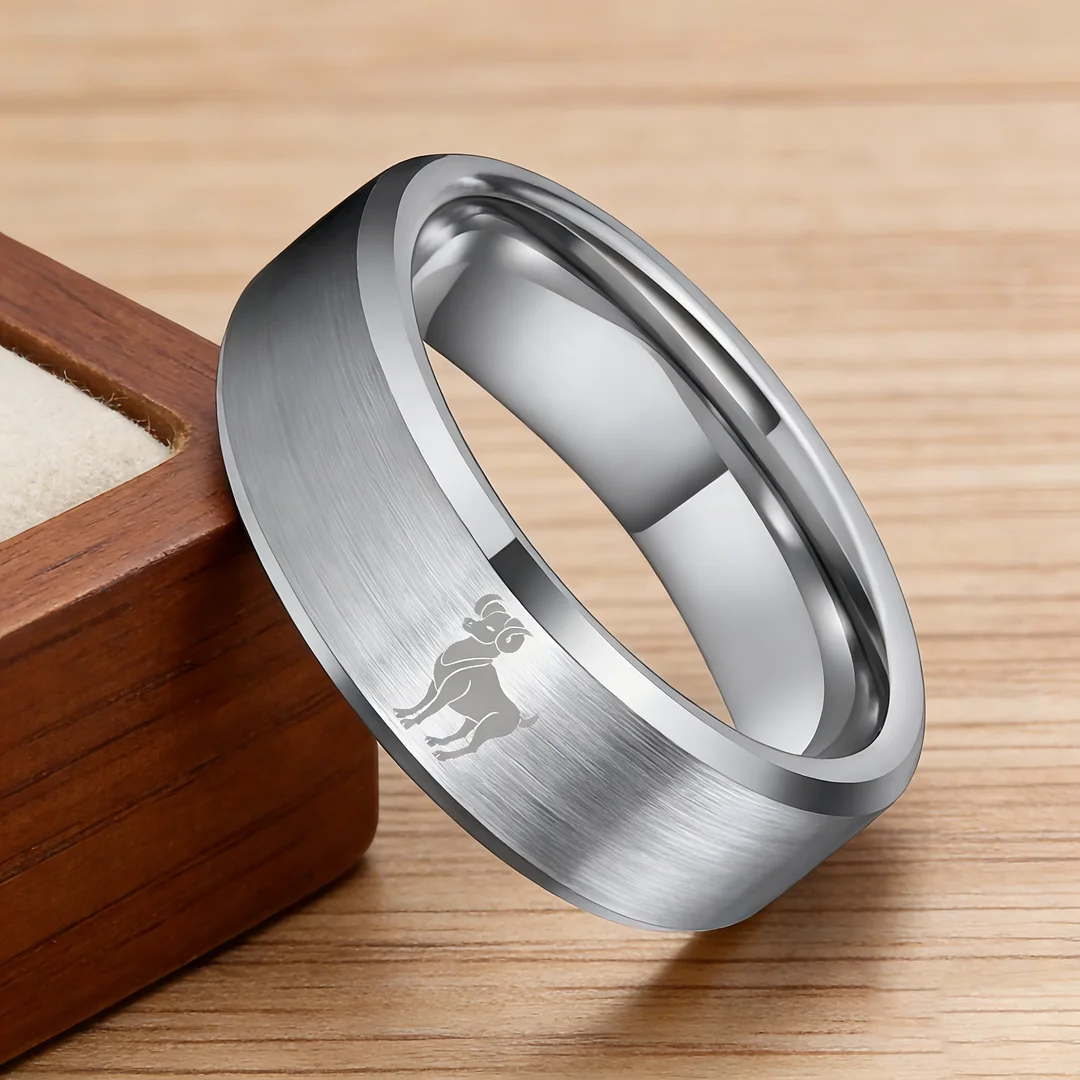 Beveled Edges Laser Etched Tungsten Carbide Rings Sliver Aries Couple Wedding Bands 4MM 6MM 8MM