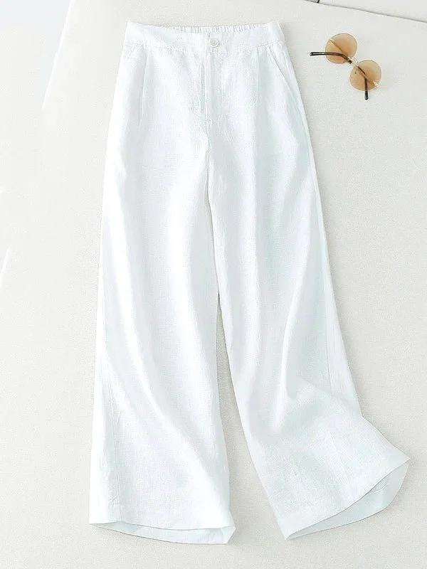 Solid Color Straight Casual High Waist Ninth Linen Pants