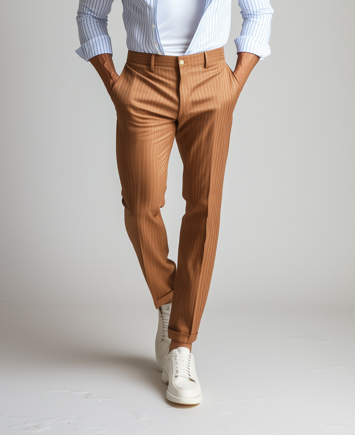 Okaywear Slant Pocket Pleats Striped Tapered Suit Pants