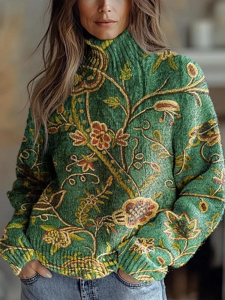 Women's Lovely Floral Art Print Knit Turtleneck Pullover Sweater