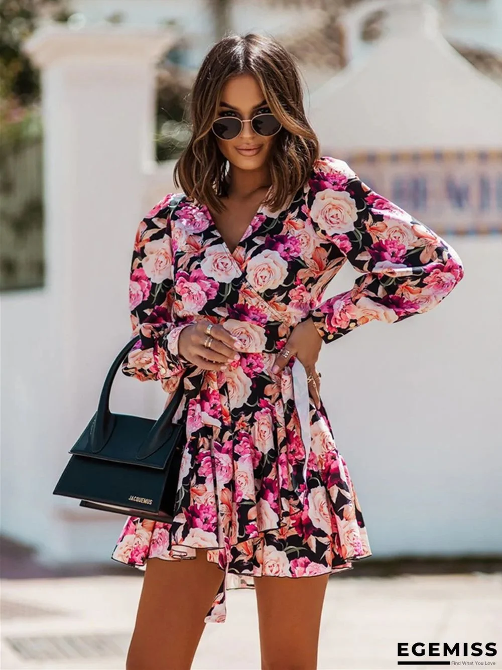 Long Sleeve Print Waist Shirt V-neck Dress | EGEMISS