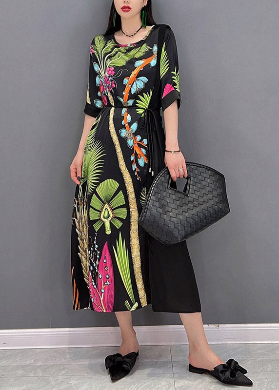 VCSHOES O-Neck Print Patchwork Tie Waist Chiffon Dresses Half Sleeve