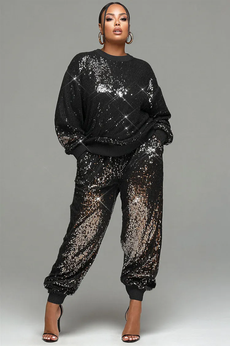 Xpluswear Design Plus Size Party Black Round Neck Long Sleeve Pocket Jogging Sequin Two Piece Pant Sets [Pre-Order] 2024 - Xpluswear