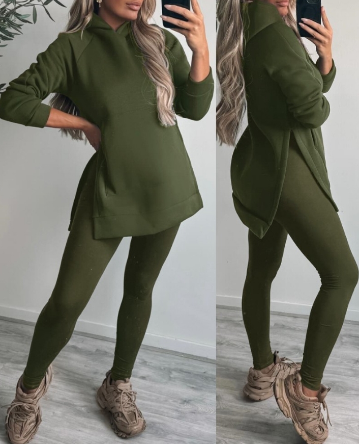 Winzsparks Two Piece Set Women Outfit 2025 Autumn Fashion Side Slit Kangaroo Pocket Design Long Sleeve Hoodie & Skinny Leggings Pants Set