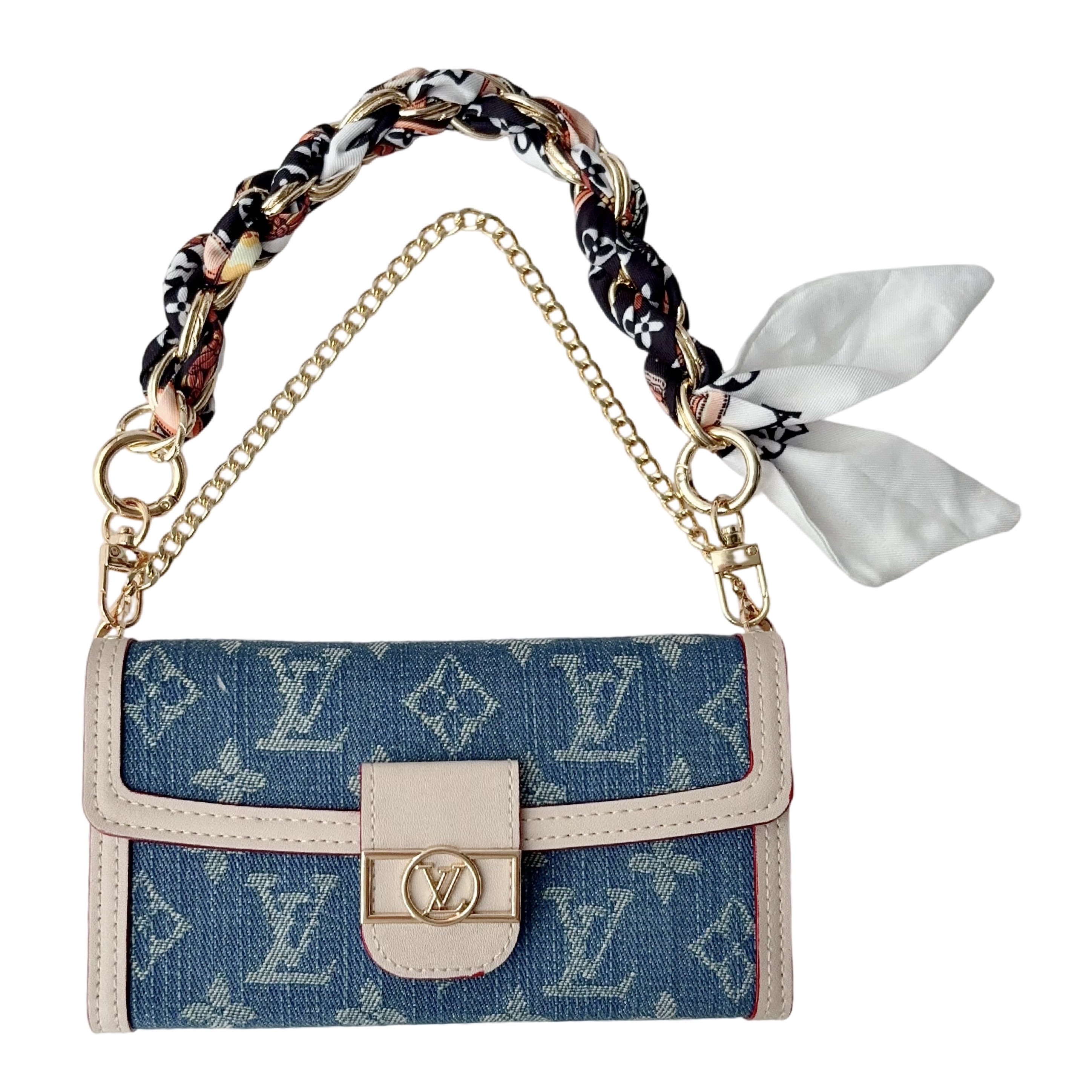 Louis Vuitton Denim Monogram Chain Wallet iPhone Samsung Case | Luxury Silk Scarf Crossbody Phone Purse