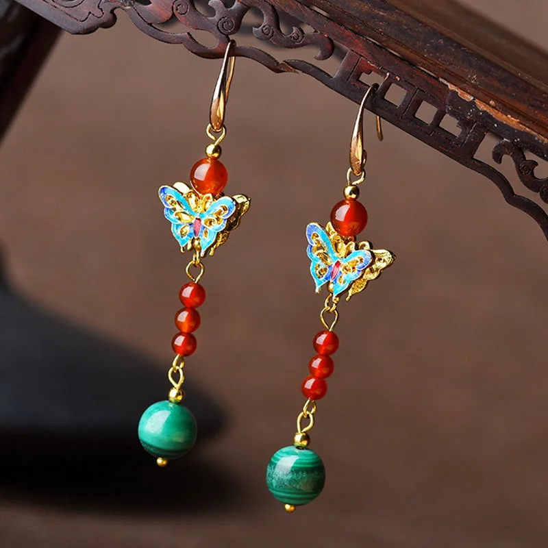 Malachite Bead Butterfly Protection Drop Earrings
