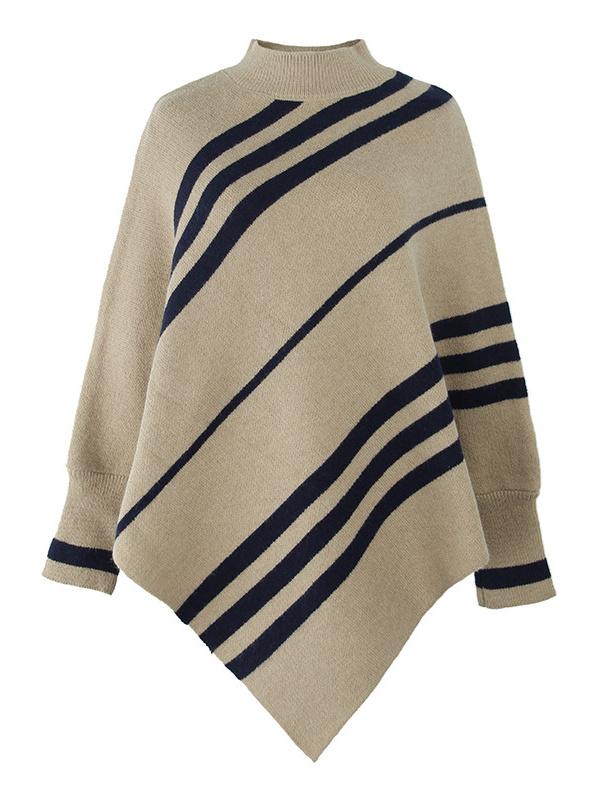 Women's Scoop Neck Long Sleeve Knit Shawl Striped Sweater Top