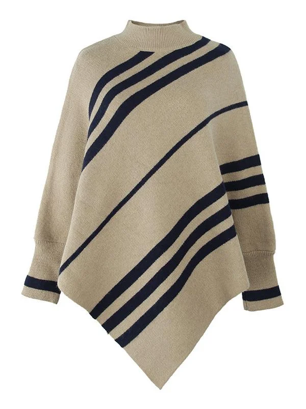 Women's Scoop Neck Long Sleeve Knit Shawl Striped Sweater Top