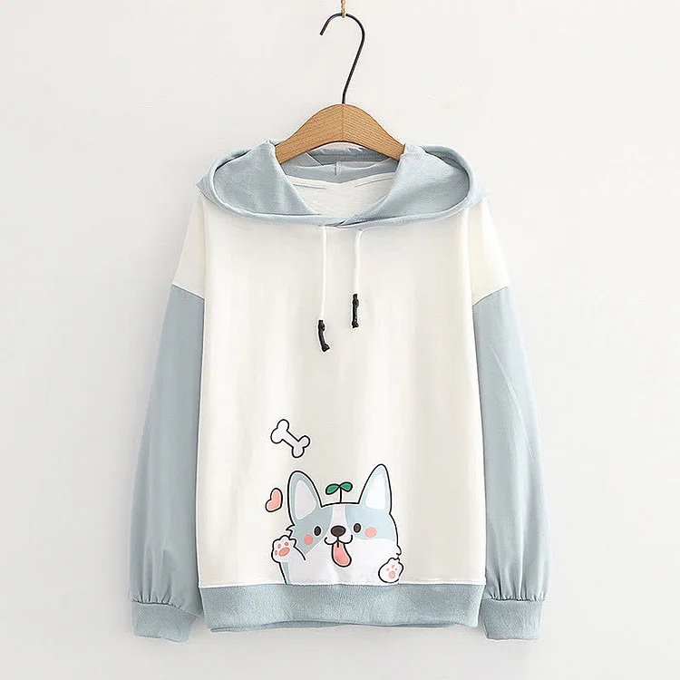 Cartoon Puppy Print Colorblock Sleeve Hoodie - Modakawa modakawa