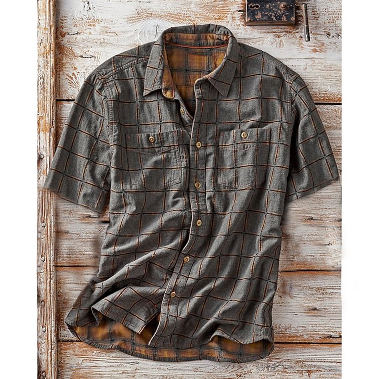 Men's casual retro plaid striped short sleeve shirt