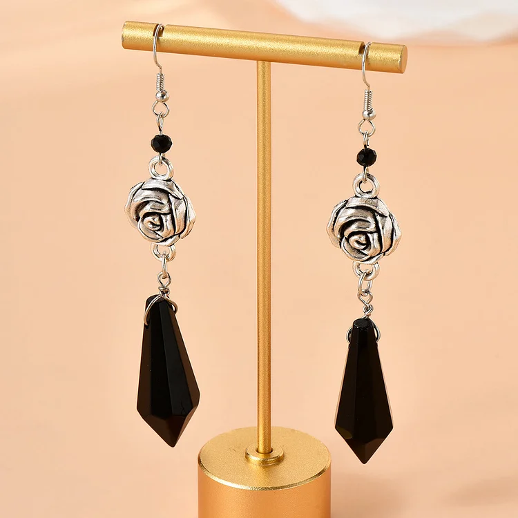 Olivenorma Obsidian Crystal Rose Drop Earrings