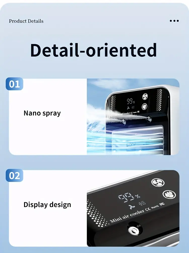2025 new cooled fan with ice cooling portable desktop spray humidifier rechargeable or usb powered 2 battery capacity 3000mah square shape 36v or below no portable air cooler modern aesthetic durable build quality portable air cooler Product details 16