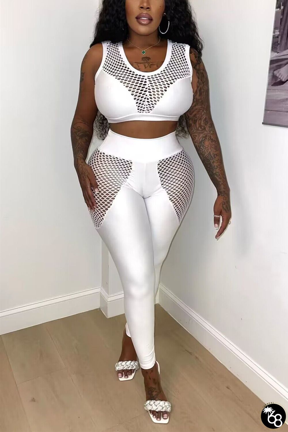 White Sexy Casual Sportswear Solid Hollowed Out Patchwork Solid Color O Neck Sleeveless Two Pieces | 168DEAL
