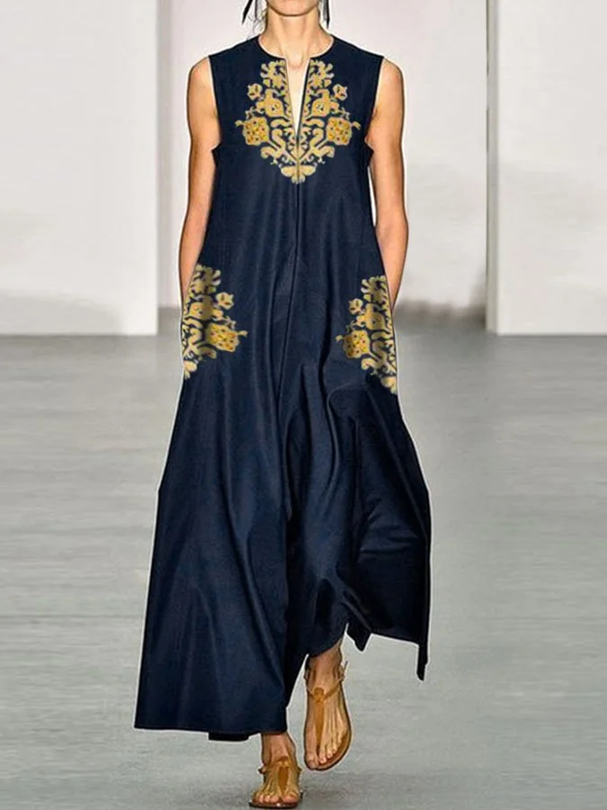 Deep V-Neck Printed Sleeveless Maxi Dress