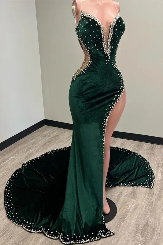 Classic Sweetheart Dark Green Prom Dress Velvet Mermaid Slit With Beads Classic Sweetheart Dark Green Prom Dress Velvet Mermaid Slit With Beads