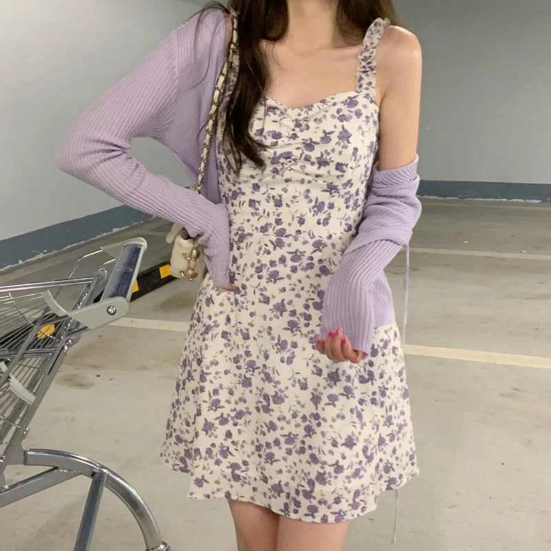 Dress Sets Women 2 Pieces Outfits All-Match Fashion Summer Cropped Lace-Up Sun-Proof Cardigan And Print Purple Lovely Vestidos