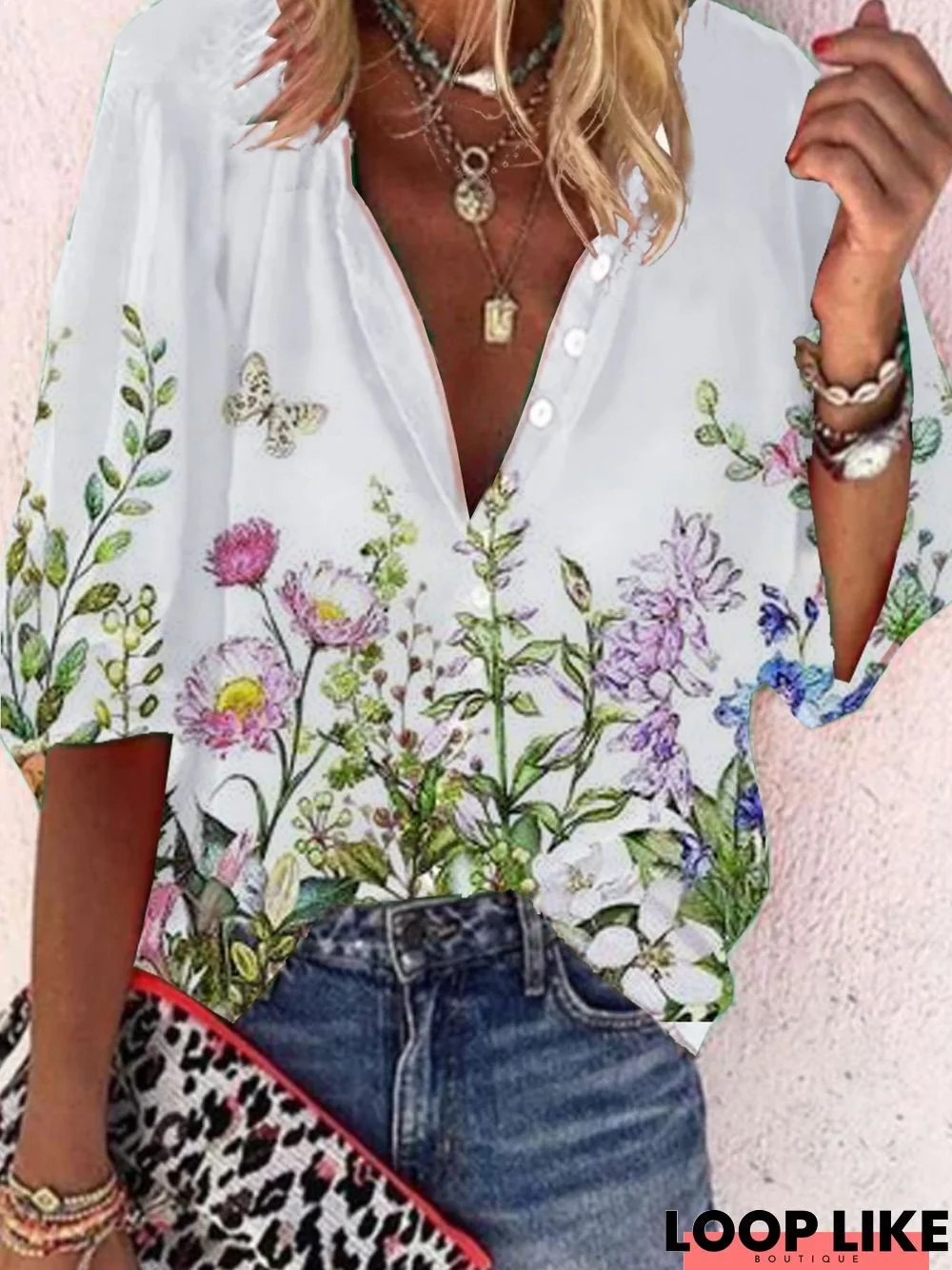 Floral  Half Sleeve  Printed Polyester  Stand Collar Vintage  Summer  White Shirt