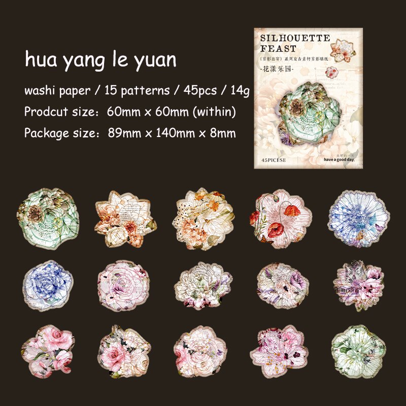Journalsay 45 Sheets Silhouette Feast Series Vintage Flower Butterfly Washi Paper Sticker
