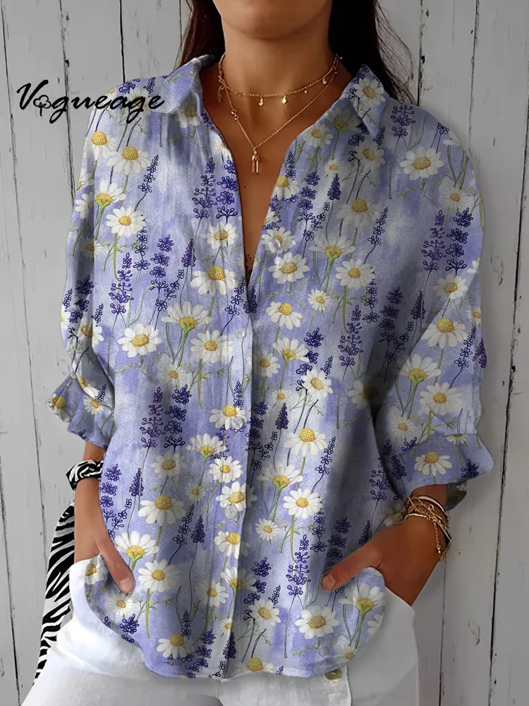 Daisy Print Purple Cotton And Linen Women Shirt