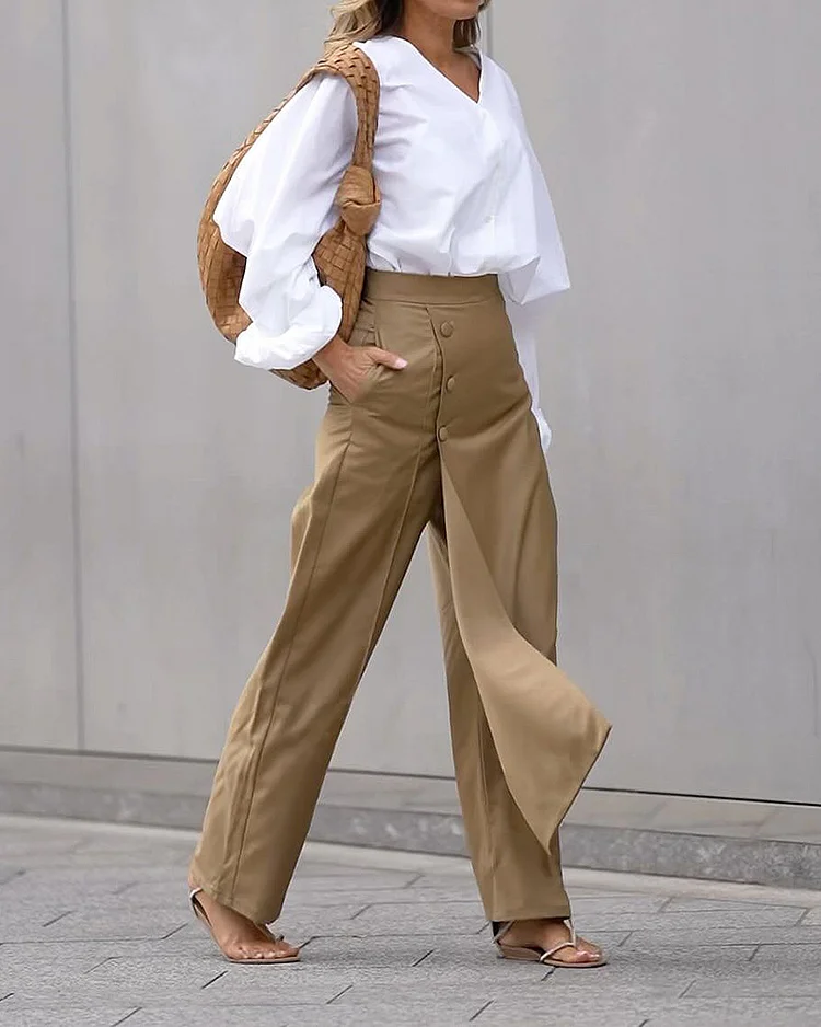 V-Neck Puff Sleeve Top Fashion Pants Two Piece Set