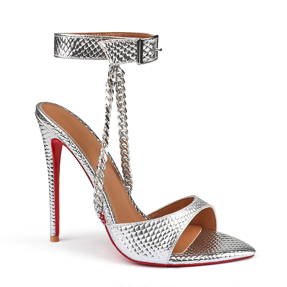 120mm/100mm/80mm Women's Sandals Removable Chain Ankle Strap Pointed Toe Colorful Mules Red Bottom Heels-vocosishoes