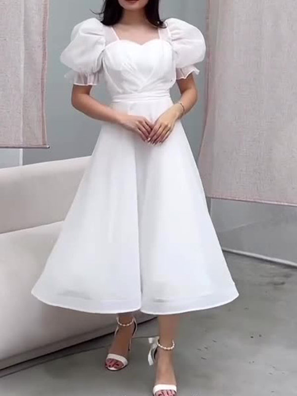 Women's Puff Sleeve Square Collar Solid Color Midi Dress