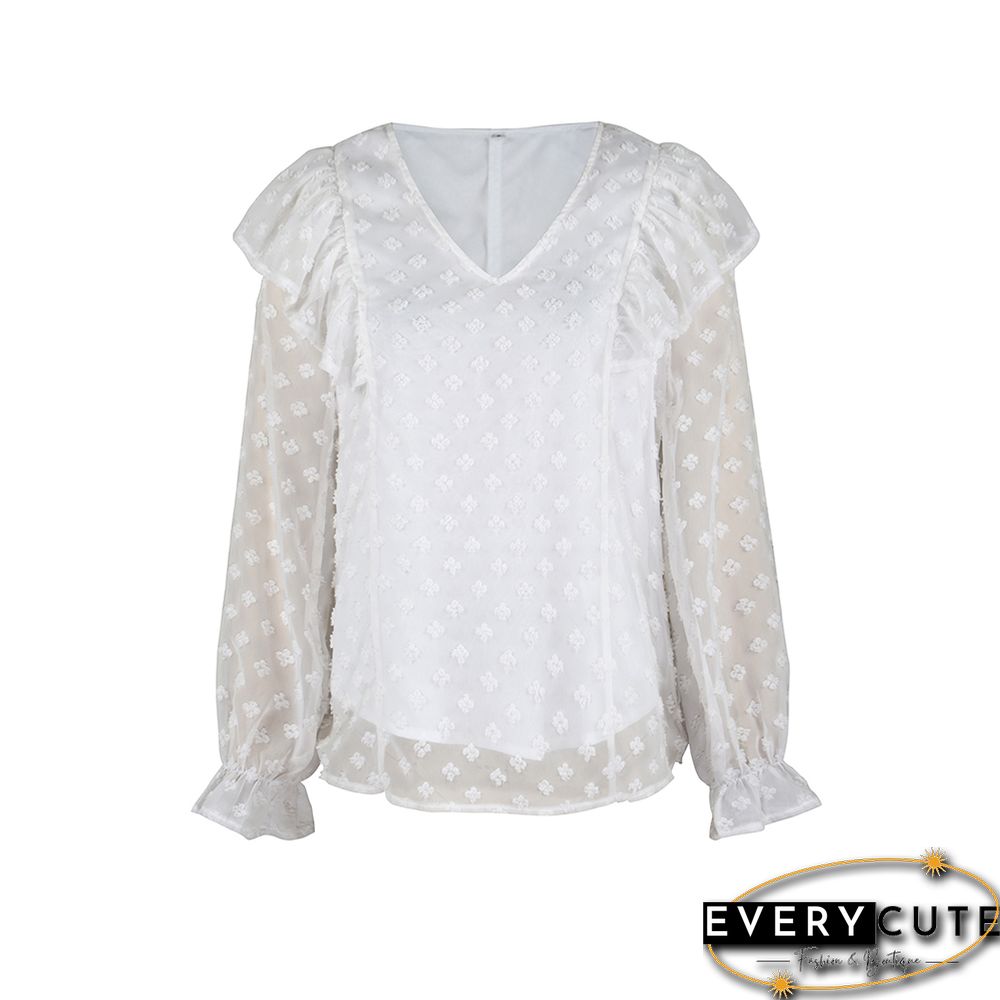 White Ruffle Detail V Neck Blouse