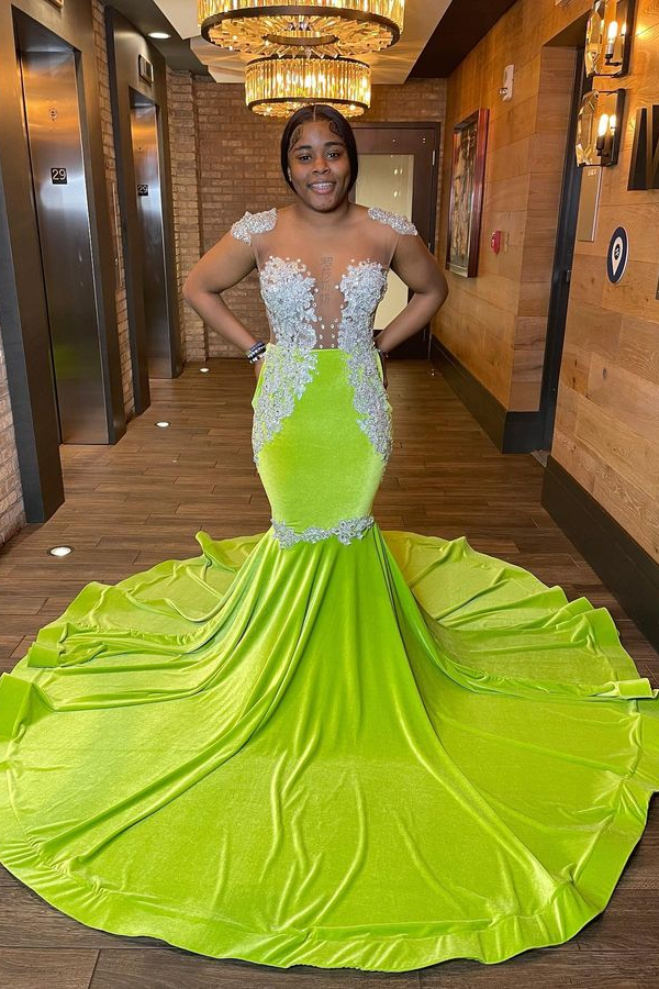 Oknass Chic Bright Green High Neck Sleeveless Mermaid Long Prom Dress with Beadings