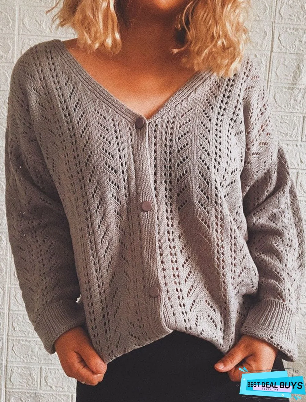 Knitted Solid Color V-Neck Long-Sleeved Sweater