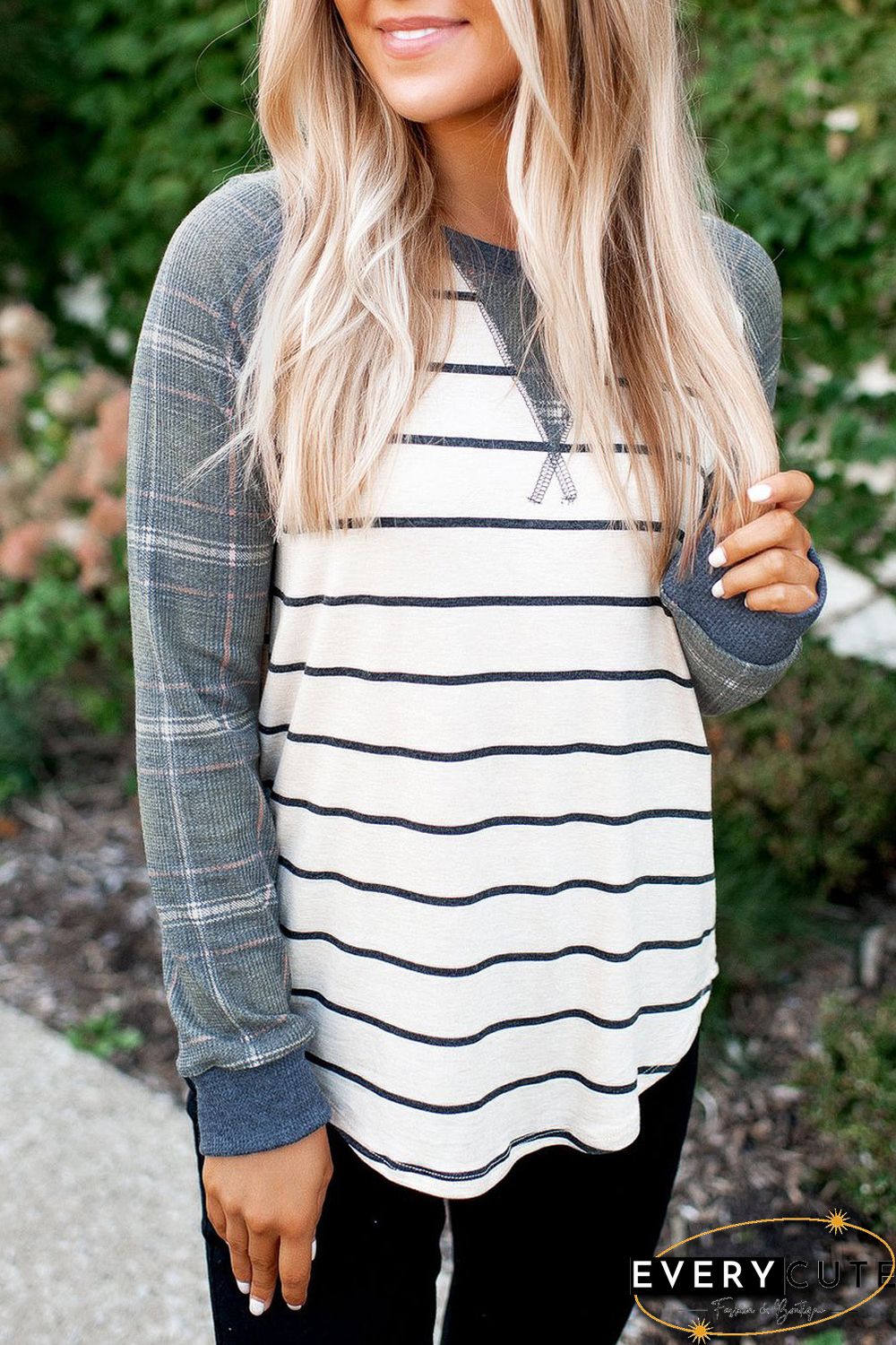 Green Plaid Raglan Sleeve Striped Top