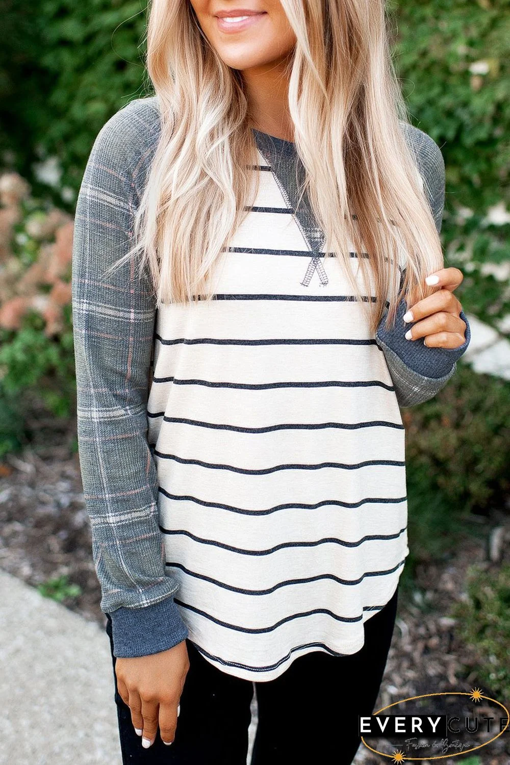 Green Plaid Raglan Sleeve Striped Top