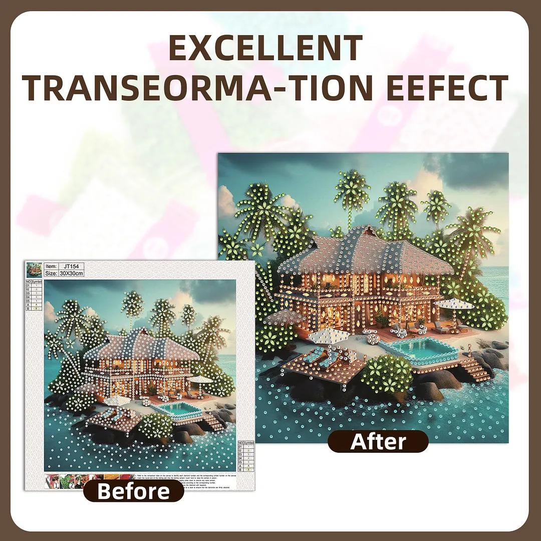 Tropical Beach Villa Special Shaped DIY Partial Drill Diamond Painting Kits for Adults Beginners Home Decor Diamonds Paintings Gem Art 30x30cm