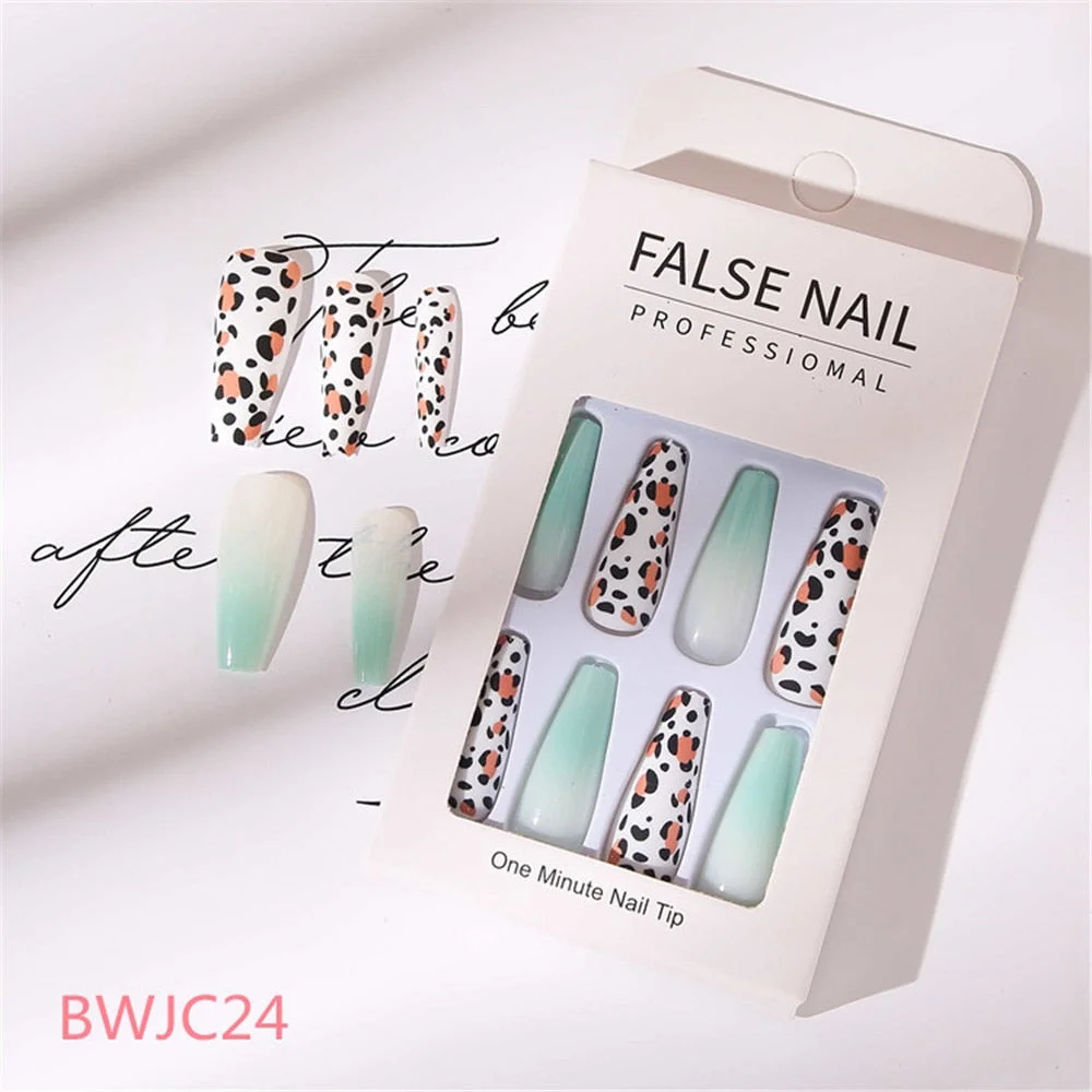 24 Pcs Long Design Ballet Coffin Fake Nails Sequins False Nail Artificial Plastic Press On False Nail Tips Manicure Nail Art