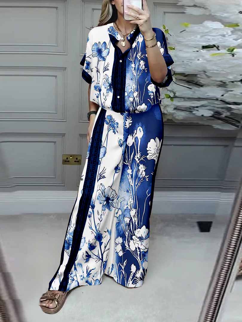 Women Floral,Blue,White DZDL1102 V-neck Short Sleeve Blouse and Pants Set