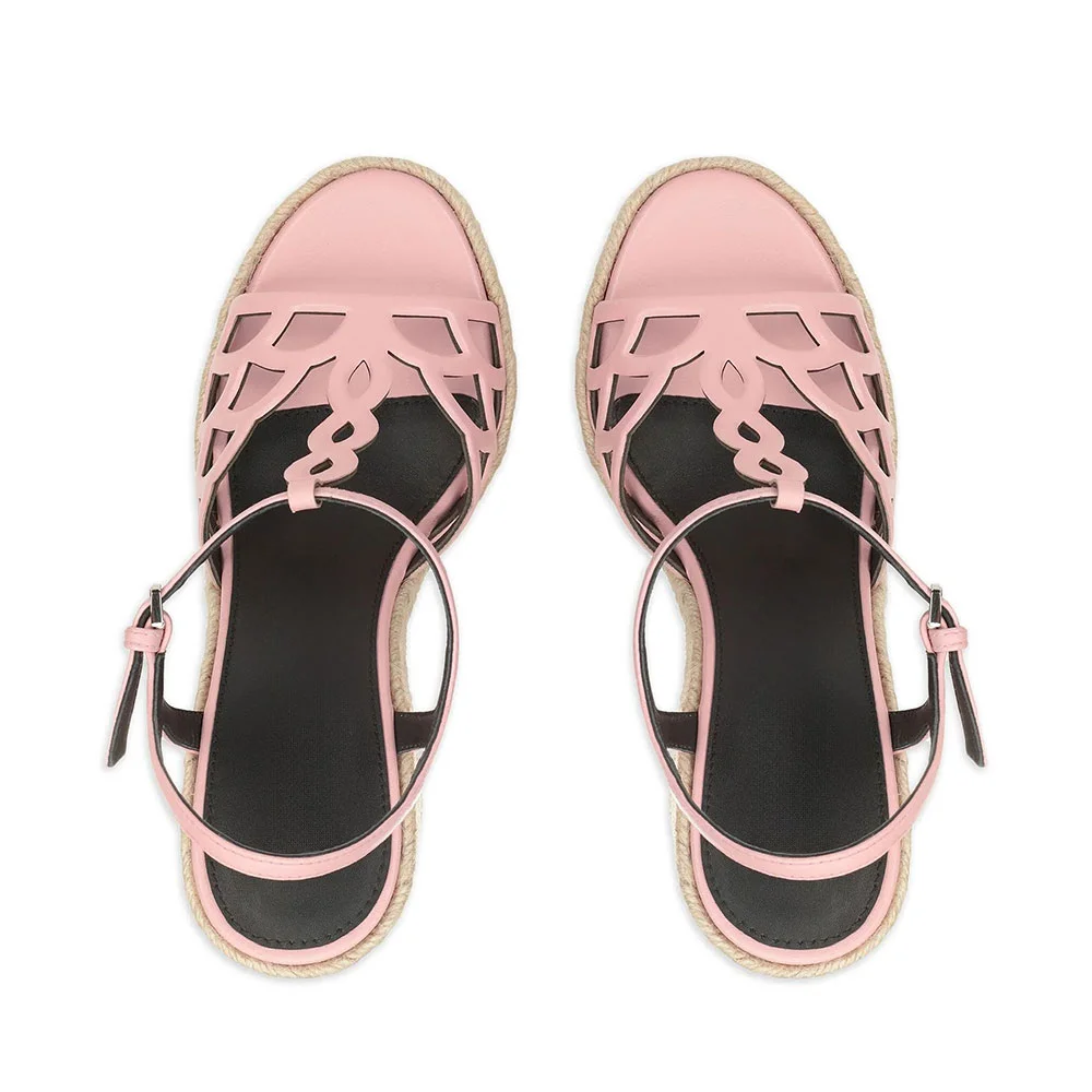 Pink Open Round Toe Platform Ankle Strap Wedge Sandals with Cut Out