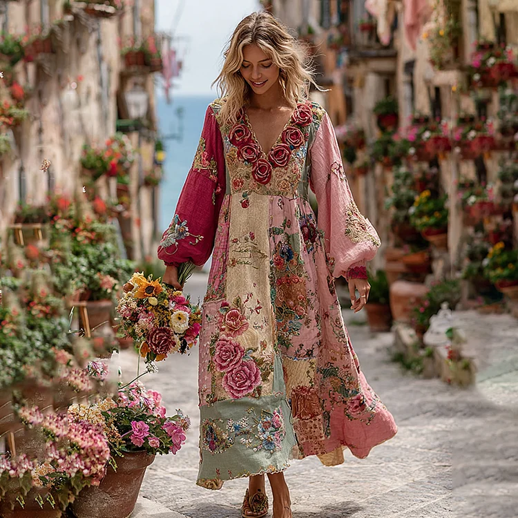 Women's Vintage Bohemian Floral And Rose Patchwork Linen Dress