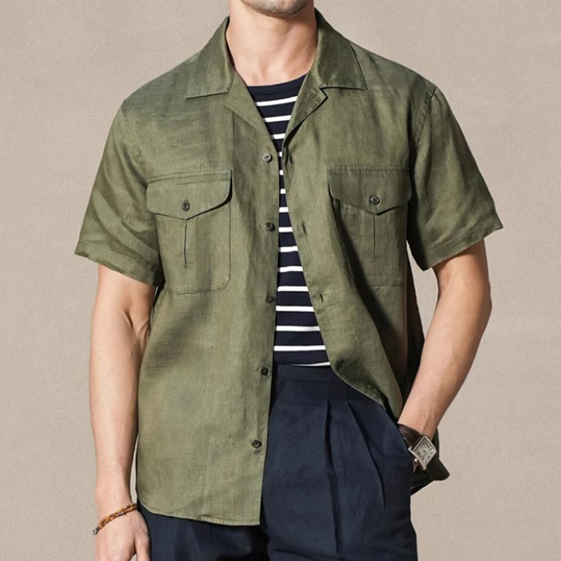 Men's Olive Green Linen Military Cuban Collar Short Sleeve Shirt