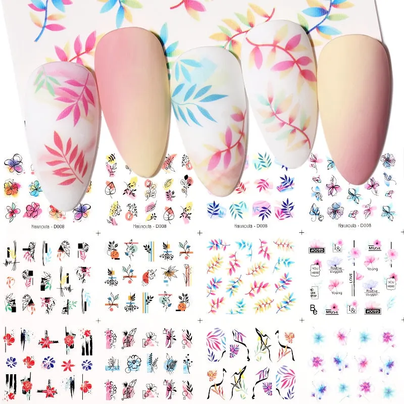 Harunouta Sexy Girl Geometric Lines Nail Water Stickers Set Spring Simple Flower Leaves Decals Sliders DIY Nail Art Decoration