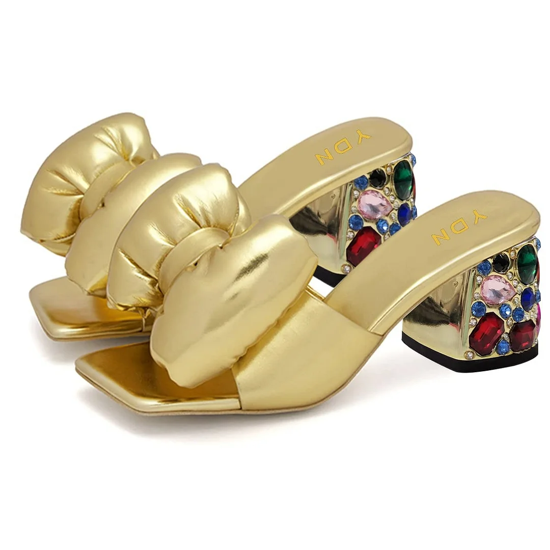 YDN Gold Open Square Toe Slip On Bow Heeled Mules with Rhinestone